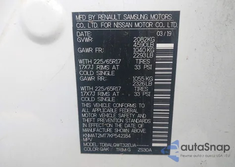 2019 Nissan Rogue Sv z USA, uszkodzony, nr VIN KNMAT2MT7KP542184